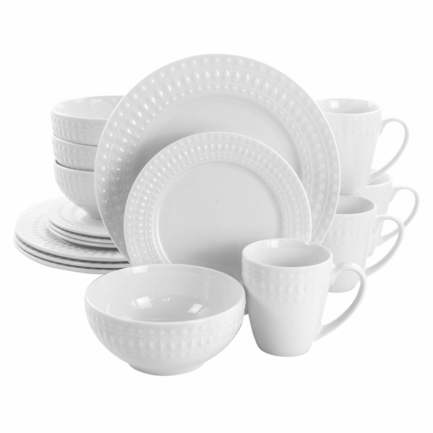 Elama Cara 16 Piece Round Porcelain Dinnerware Set in White W2B