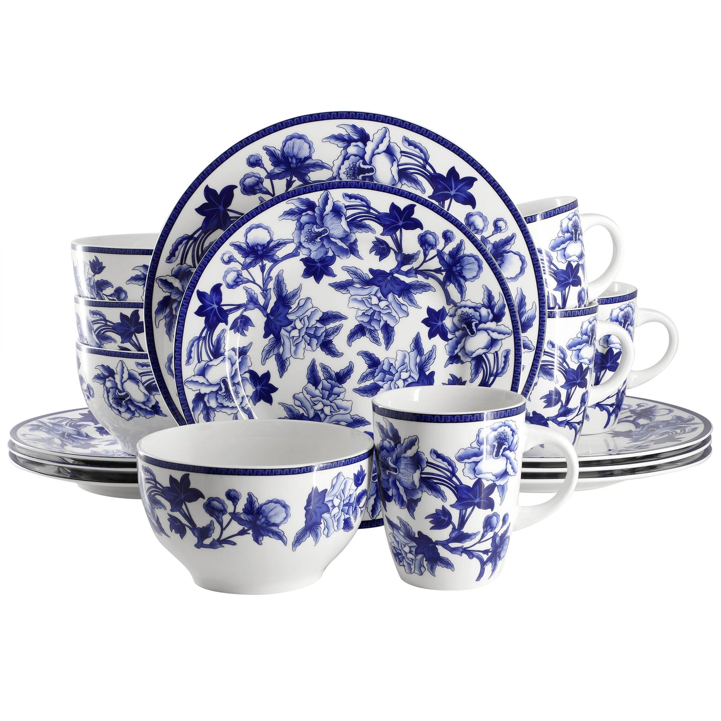 Elama Cattleya Orchid 16 Piece Round Porcelain Dinnerware Set in Blue and White W2B