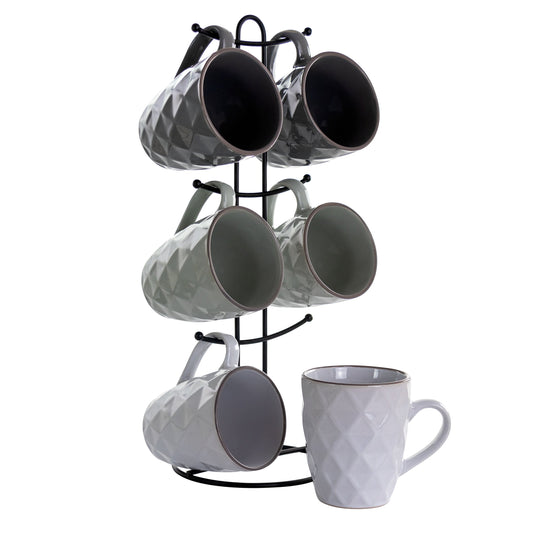 Elama Diamond Waves 6-Piece 12 oz. Mug Set with Stand, Assorted Colors W2B