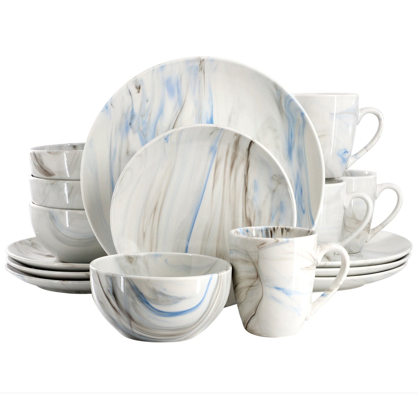 Elama Fine Marble 16 Piece Porcelain Dinnerware Set in Blue and Gray W2B