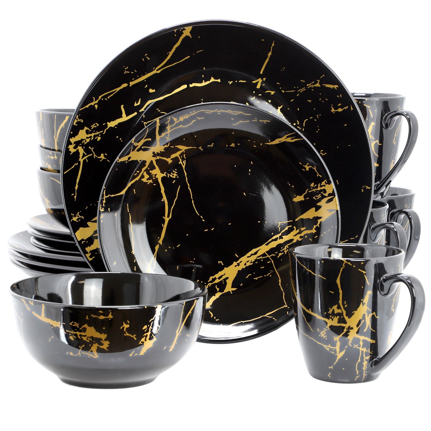 Elama Fine Marble 16 Piece Porcelain Dinnerware Set in Black with Gold Veining W2B