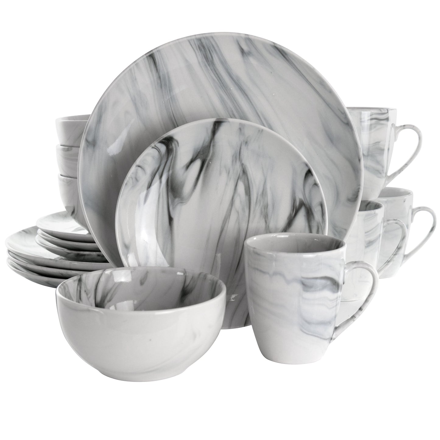 Elama Fine Marble 16 Piece Stoneware Dinnerware Set in Black and White W2B