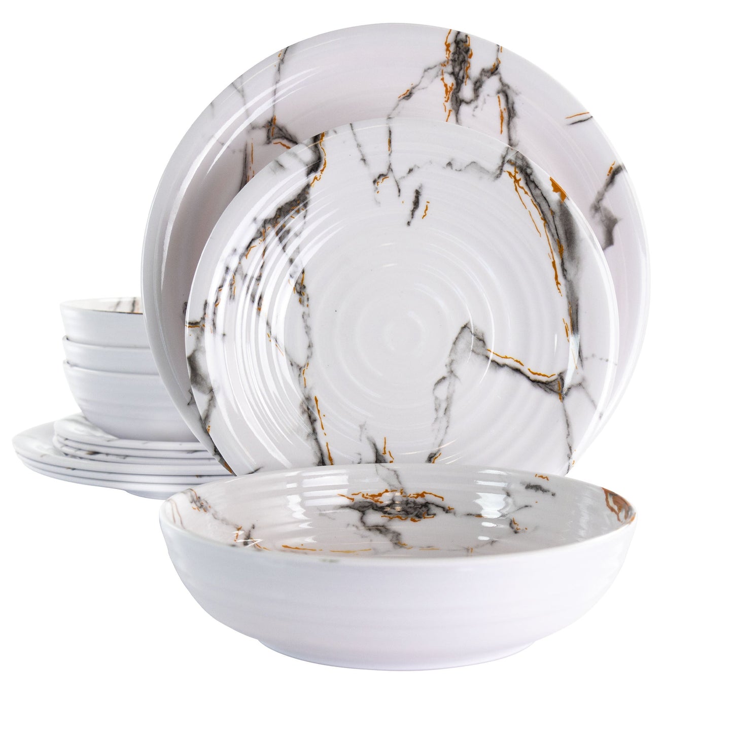 Elama Fine Sculpture 12 Piece Lightweight Melamine Dinnerware Set in White W2B