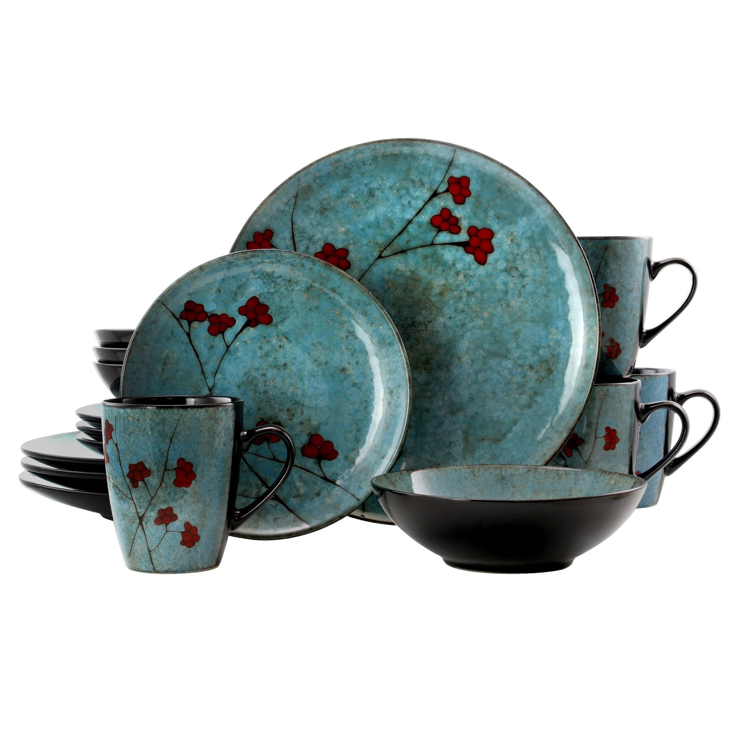 Elama Floral Accents 16 Piece Dinnerware Set in Blue W2B
