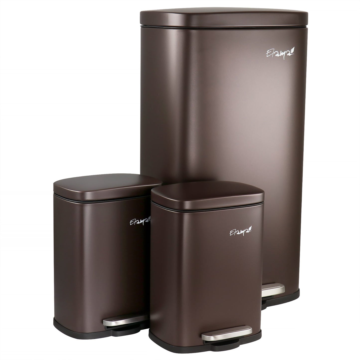 Elama 3 Piece 8 Gallon and 1.3 Gallon Stainless Steel Step Trash Bin Combo Set with Slow Close Mechanism in Matte Bronze W2B