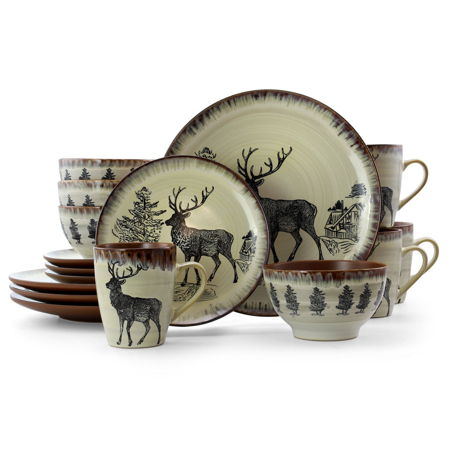 Elama Majestic Elk 16 Piece Luxurious Stoneware Dinnerware with Complete Setting for 4 W2B