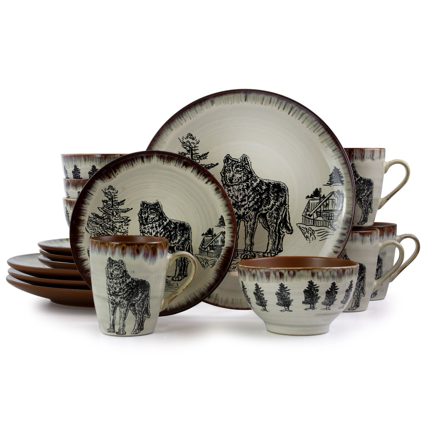 Elama Majestic Wolf 16 Piece Luxurious Stoneware Dinnerware with Complete Setting for 4 W2B