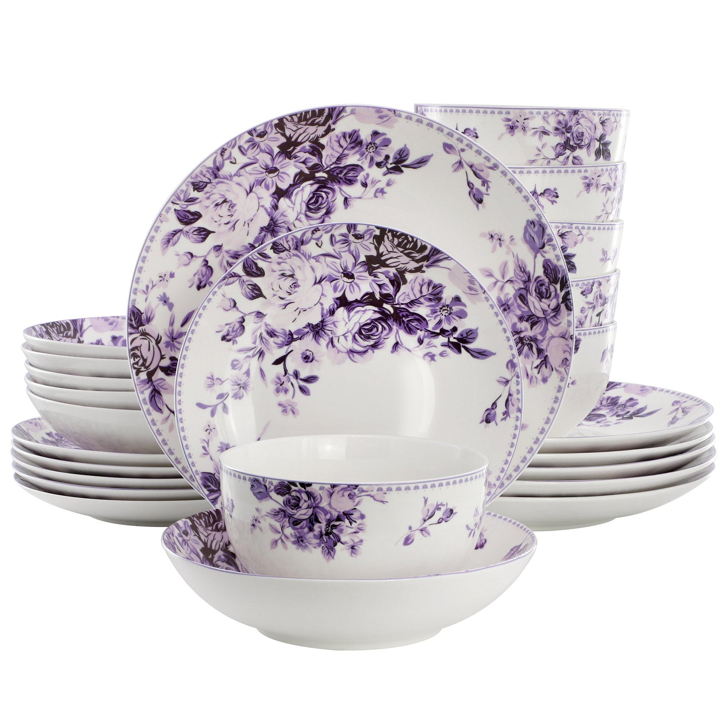 Elama Traditional Purple Rose 24 Piece Porcelain Double Bowl Dinnerware Set W2B
