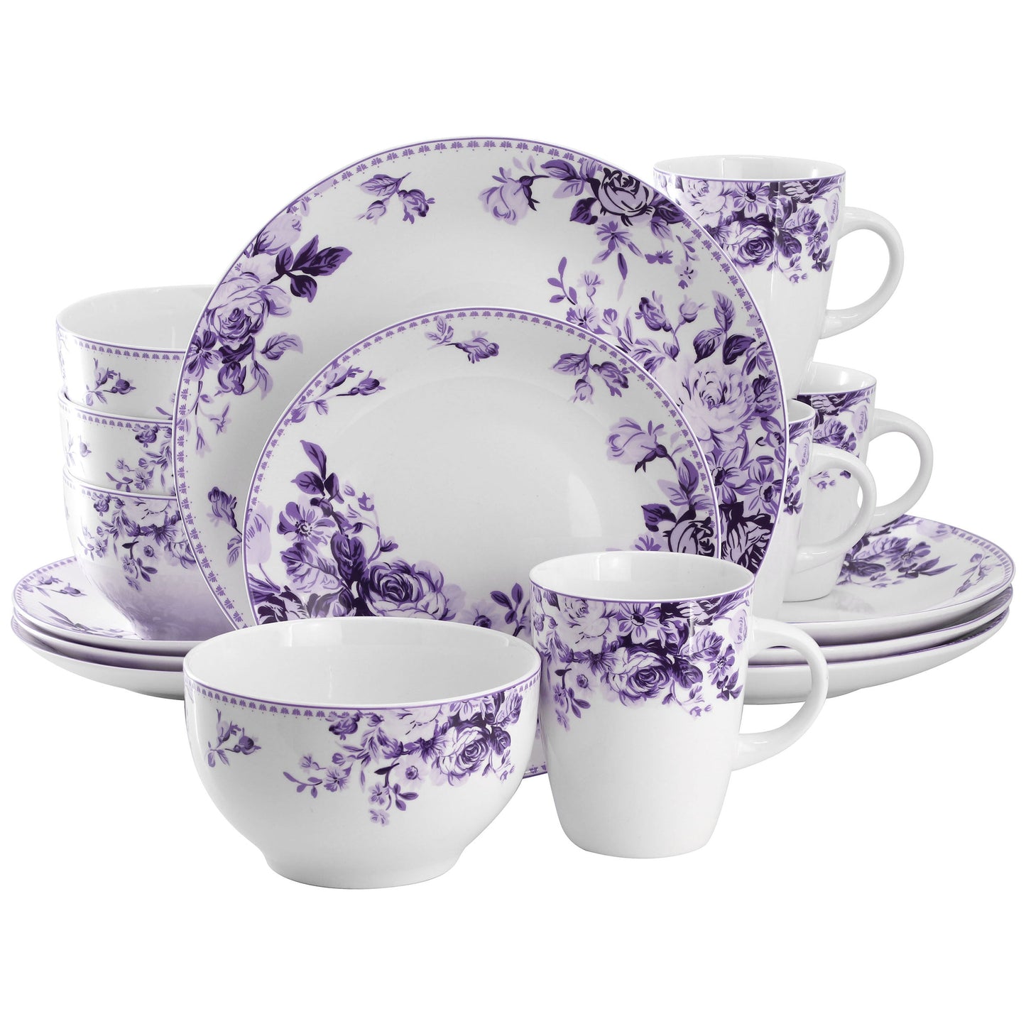 Elama Traditional Purple Rose 16 Piece Stoneware Dinnerware Set W2B
