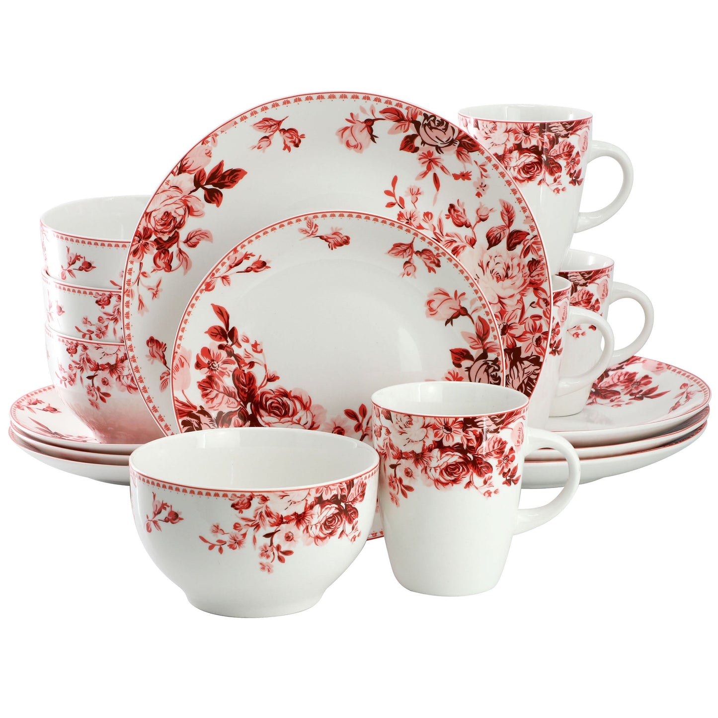Elama Traditional Red Rose 16 Piece Stoneware Dinnerware Set W2B