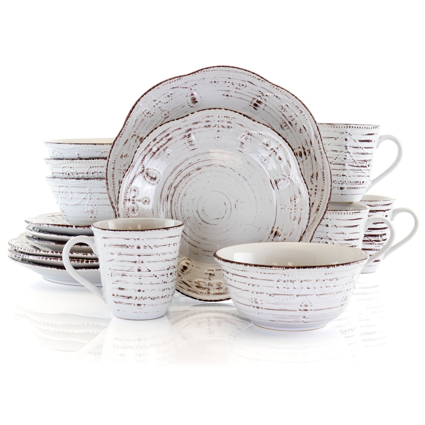 Elama Rustic Birch 16 Piece Stoneware Round Dinnerware Set in White W2B