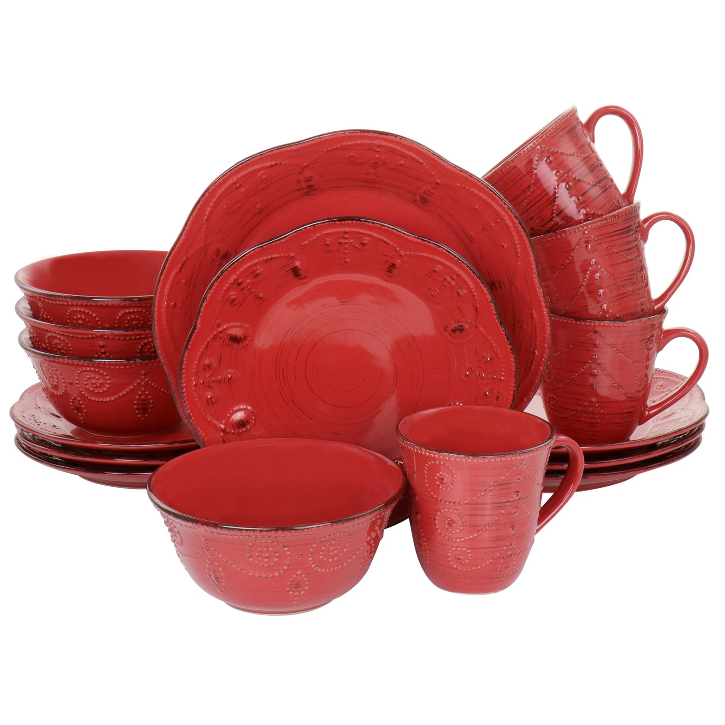 Elama Rustic Birch 16 Piece Stoneware Dinnerware Set in Red W2B