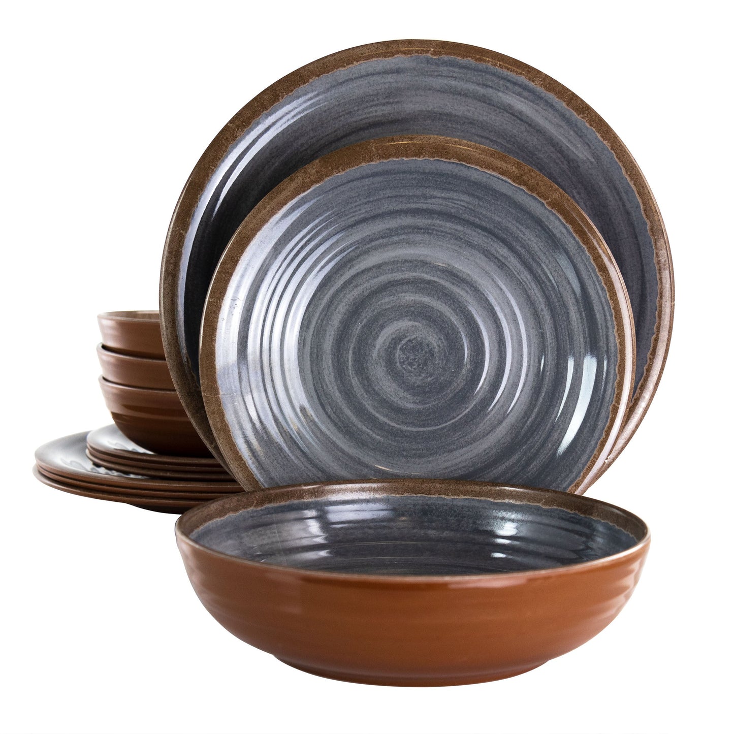 Elama Stone Oak 12 Piece Lightweight Melamine Dinnerware Set in Black W2B
