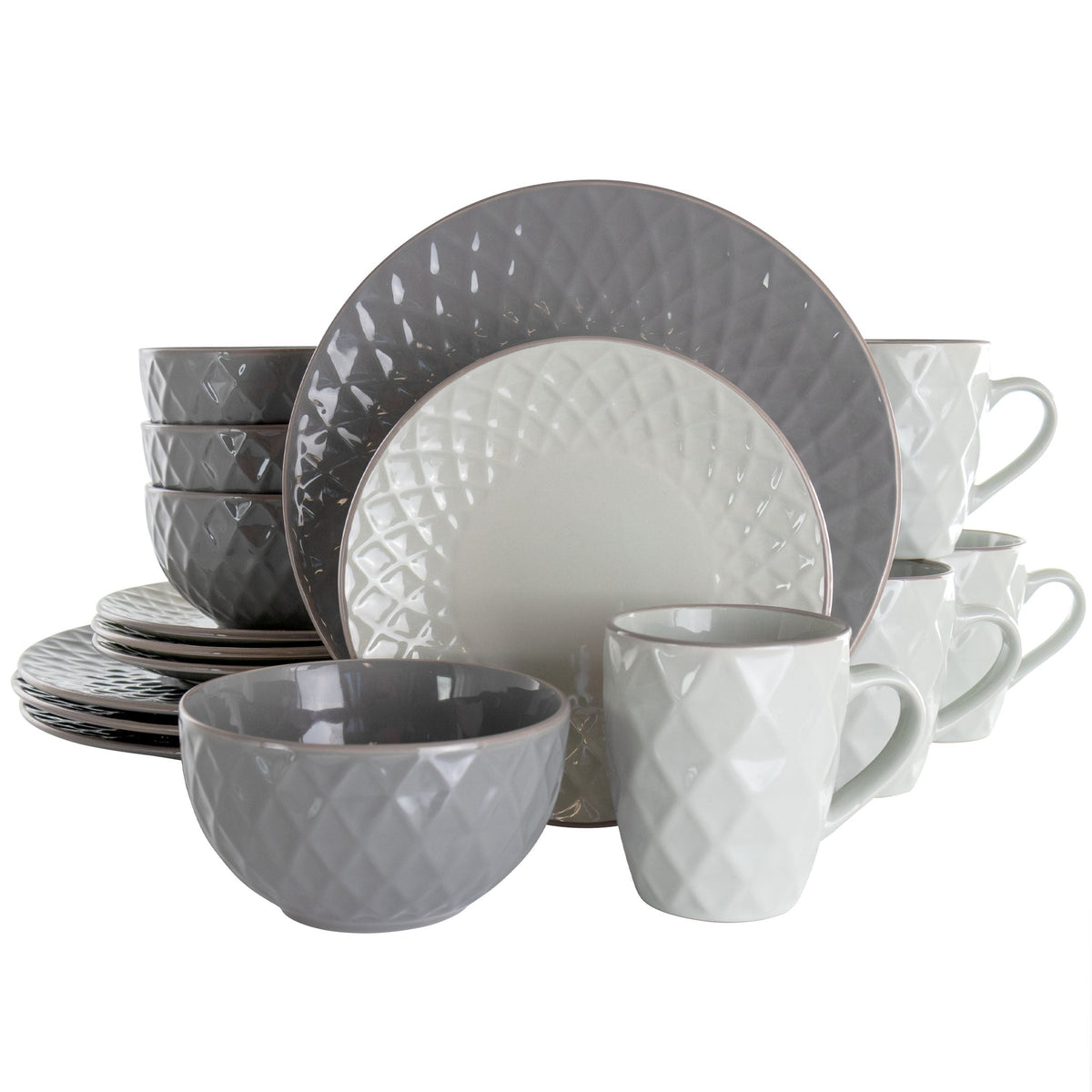 Elama Tahitian Diamond 16 Piece Stoneware Dinnerware Set in Slate and Pearl W2B