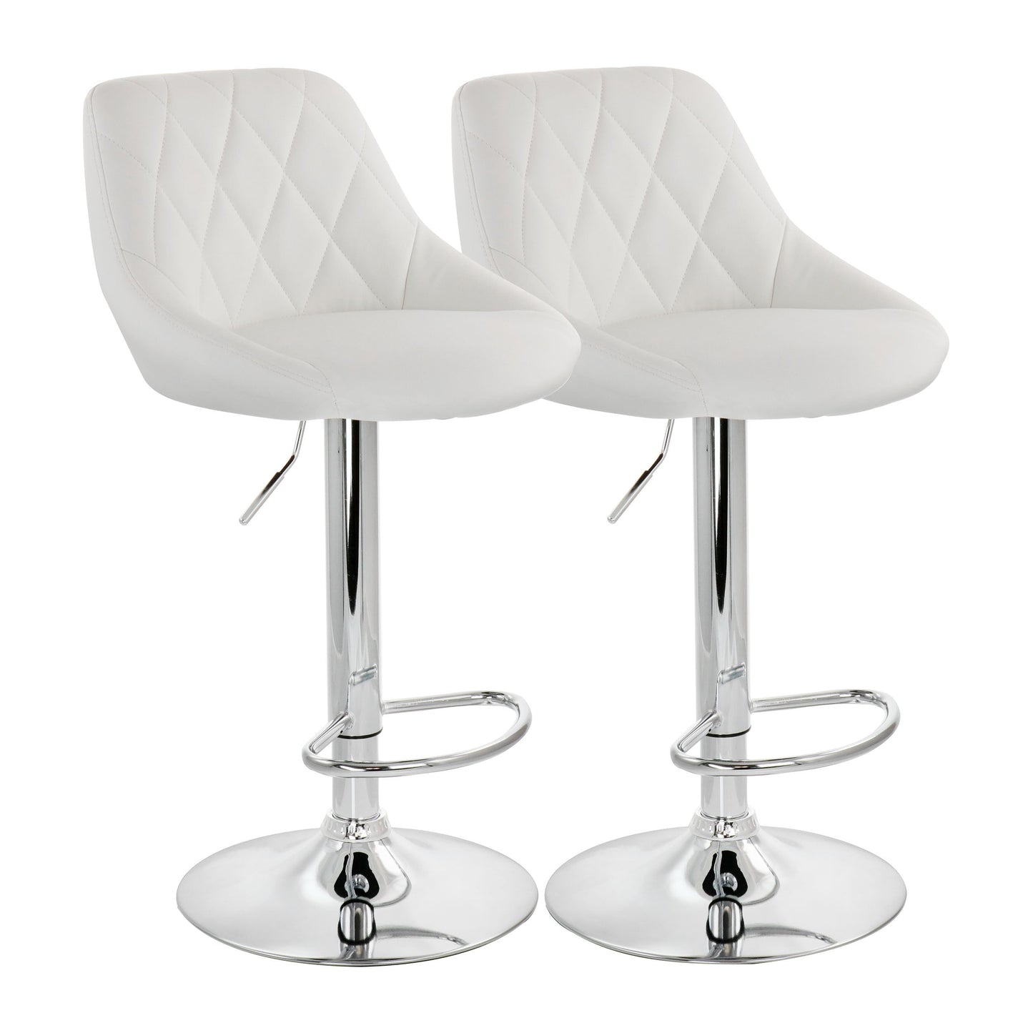 Elama 2 Piece Diamond Stitched Faux Leather Bar Stool in White with Chrome Base and Adjustable Height W2B