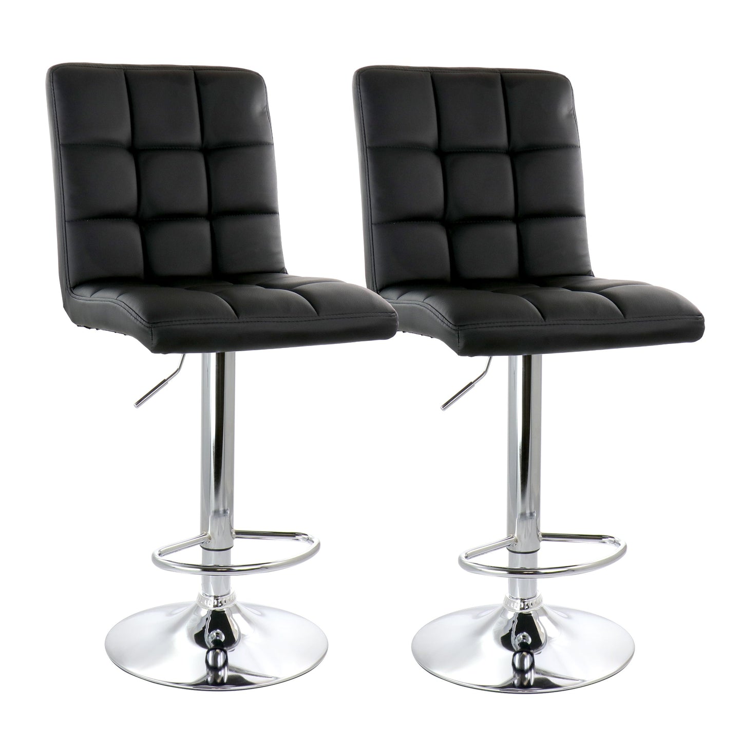 Elama 2 Piece Square Tufted Faux Leather Adjustable Bar Stool in Black with Chrome Base W2B