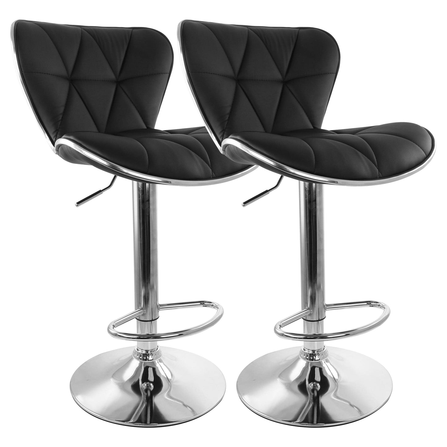 Elama 2 Piece Diamond Tufted Faux Leather Adjustable Bar Stool in Black with Chrome Trim and Base W2B