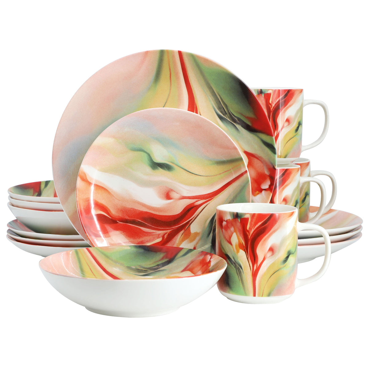 Elama Autumn Storm 16 Piece Abstract Design Round Porcelain Dinnerware Set in Multicolor W2B