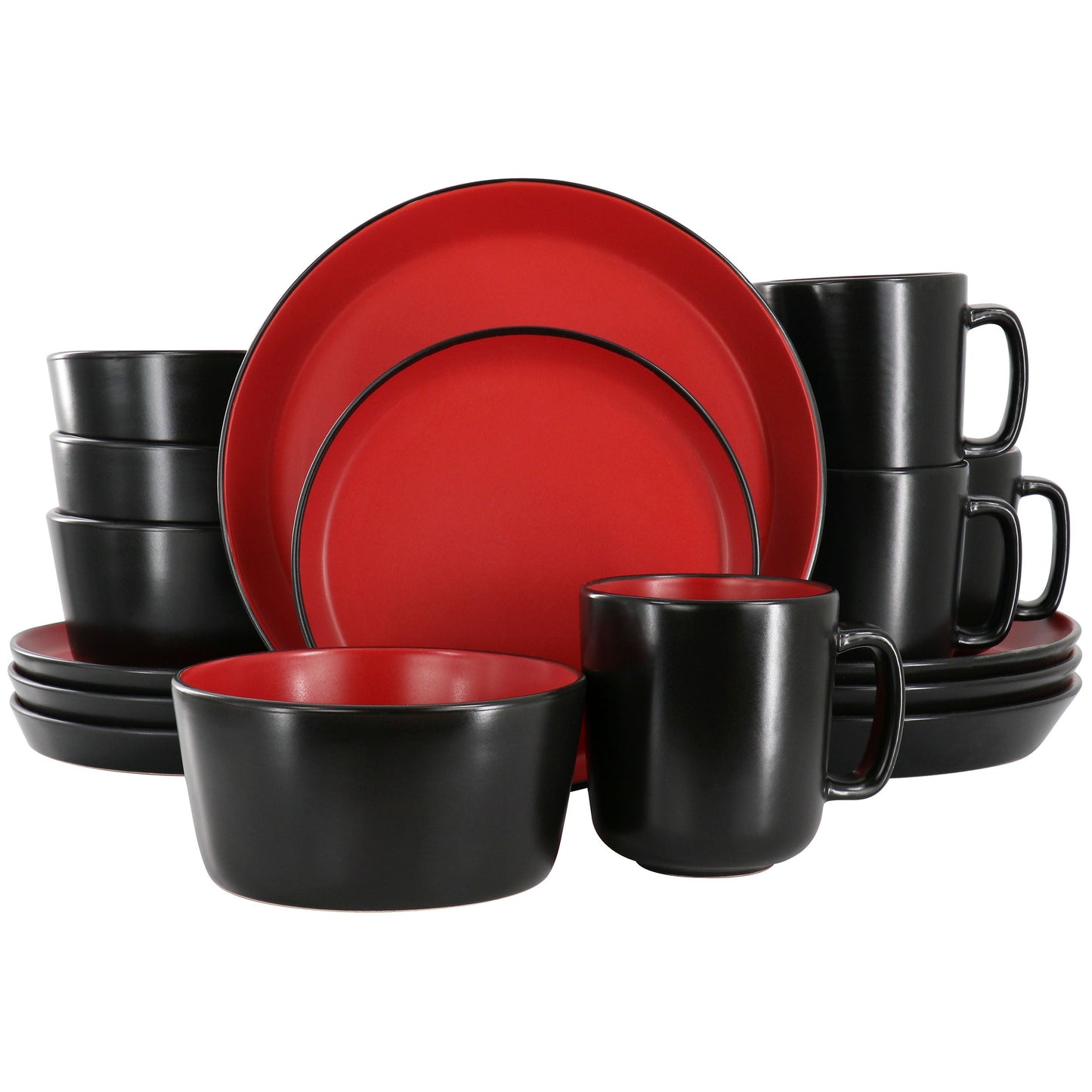 Elama Bacarra 16 Piece Stoneware Dinnerware Set in Two Tone Black and Red W2B
