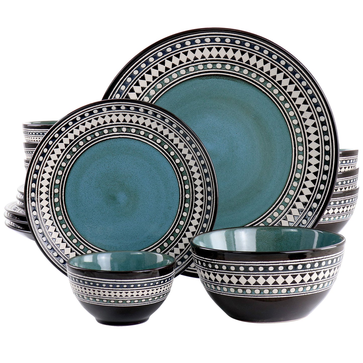 Elama Blue Sage 16 Piece Double Bowl Stoneware Dinnerware Set in Blue W2B