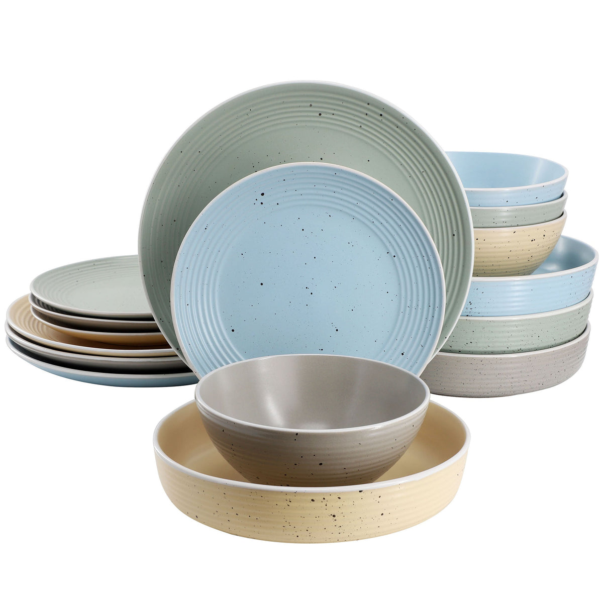 Elama Emilia 16 Piece Assorted Double Bowl Stoneware Dinnerware Set in Speckled Multi-Color W2B