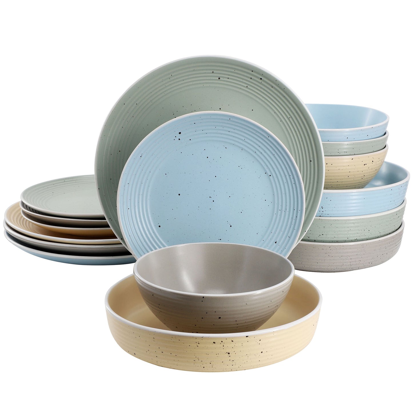 Elama Emilia 16 Piece Assorted Double Bowl Stoneware Dinnerware Set in Speckled Multi-Color W2B