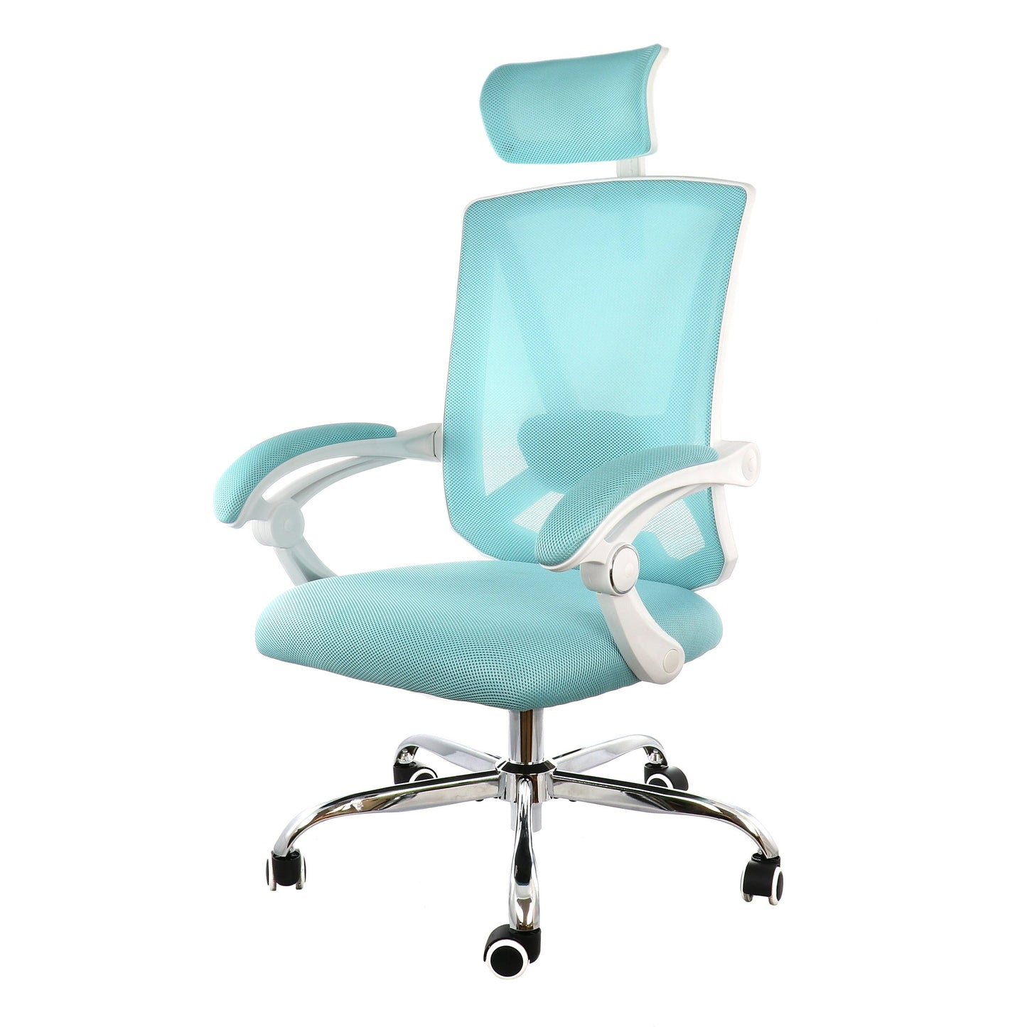 Elama Full Back Mesh Adjustable Office Chair with Headrest in Blue with White Frame W2B