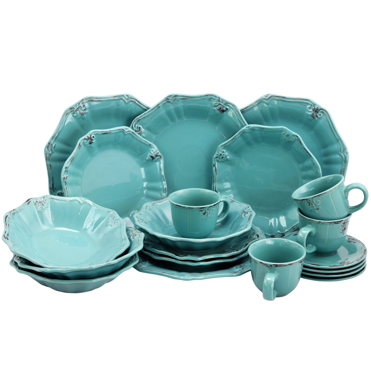 Elama Fleur De Lys 20-Piece Dinnerware Set in Turquoise W2B