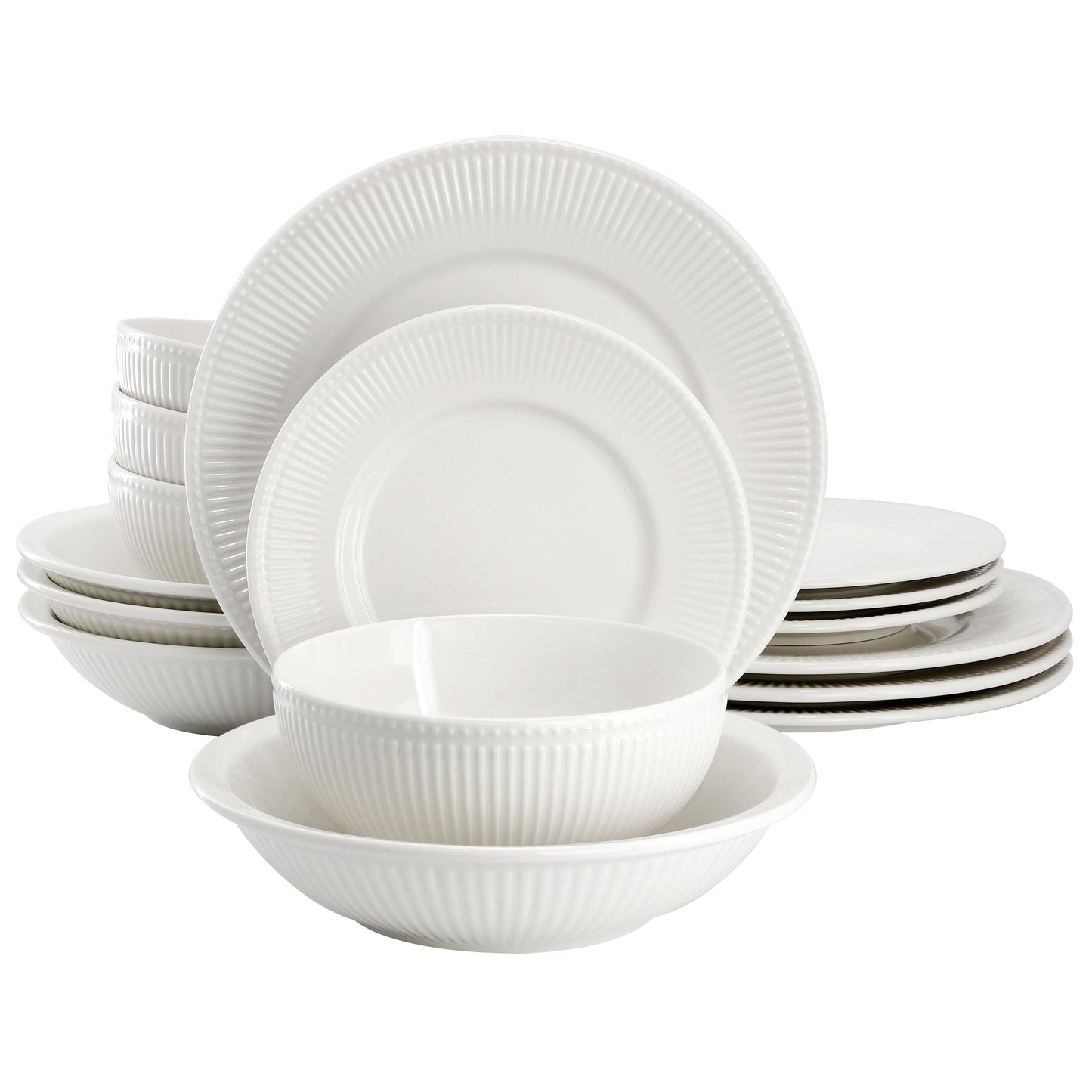 Elama Kate 16 Piece Textured Trim Double Bowl Porcelain Dinnerware Set in White W2B