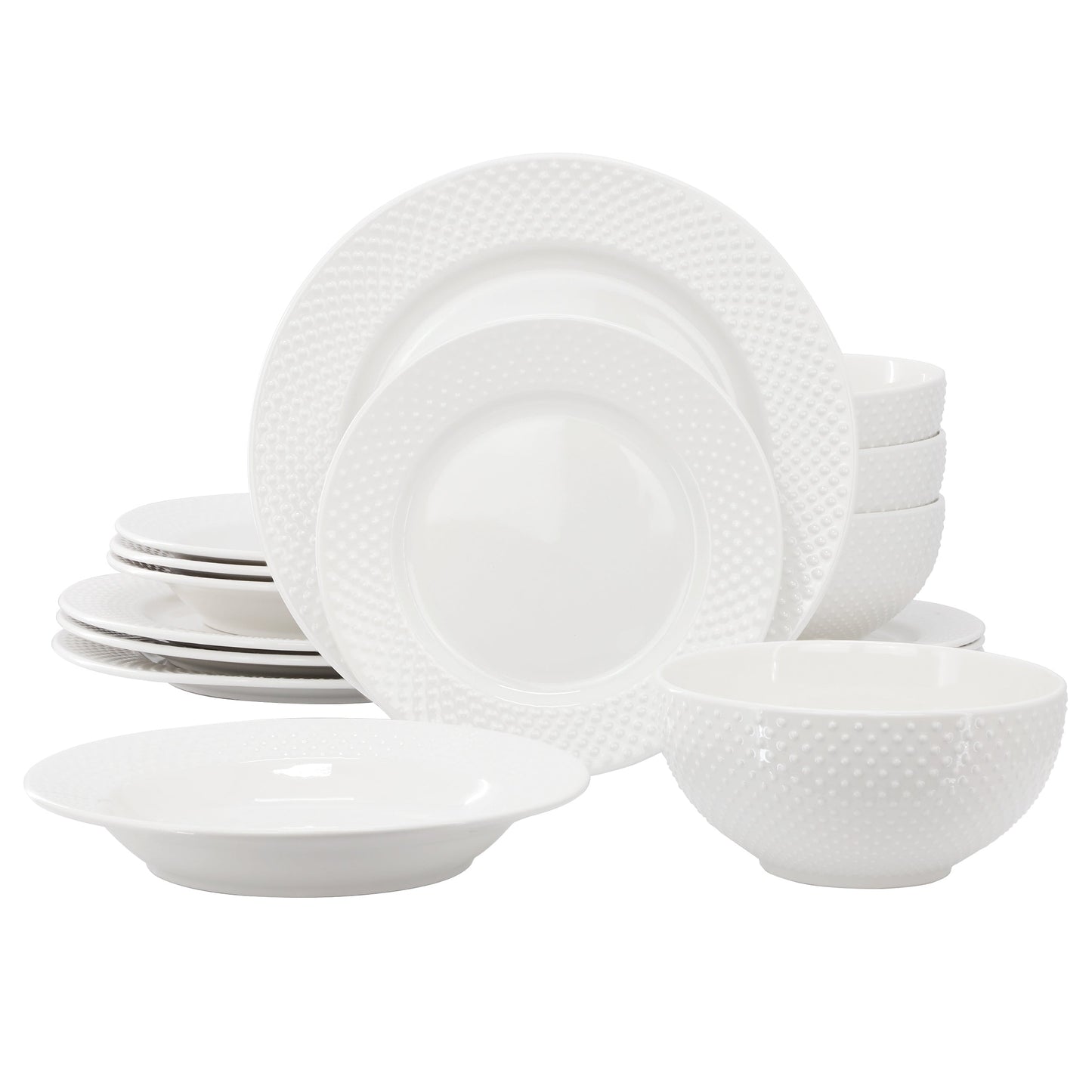 Elama Kim 16 Piece Hobnail Double Bowl Porcelain Dinnerware Set in White W2B