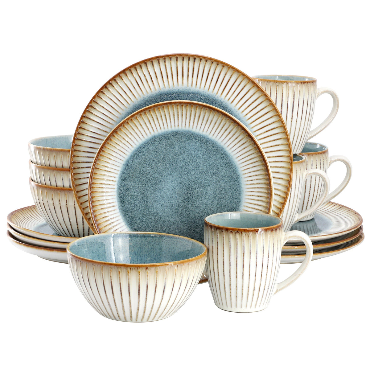 Elama Louann 16 Piece Stoneware Dinnerware Set in Blue and Beige W2B
