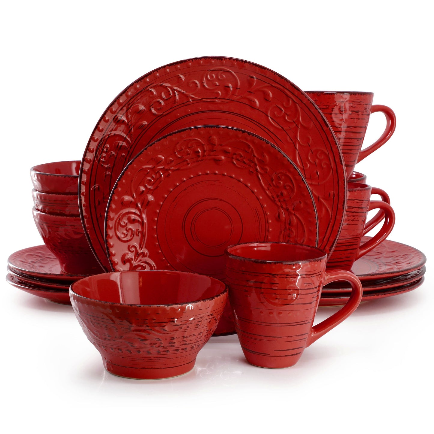 Elama Malibu Ocean Bloom 16-Piece Dinnerware Set in Red W2B