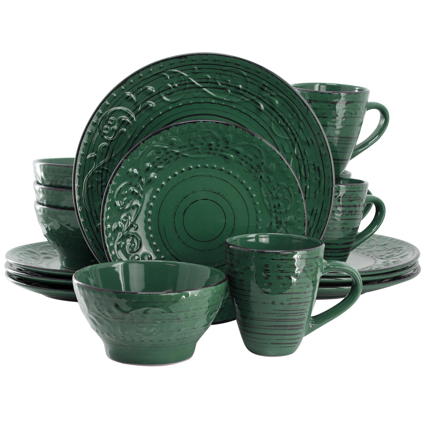 Elama Malibu Sea Glass 16-Piece Dinnerware Set in Dark Green W2B