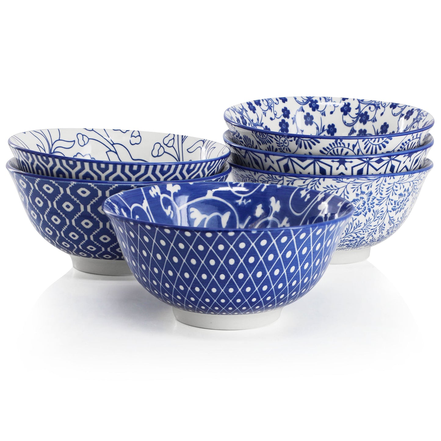 Elama Moxy 6 Piece Assorted Design 20oz Porcelain Footed Bowl Set in Blue W2B