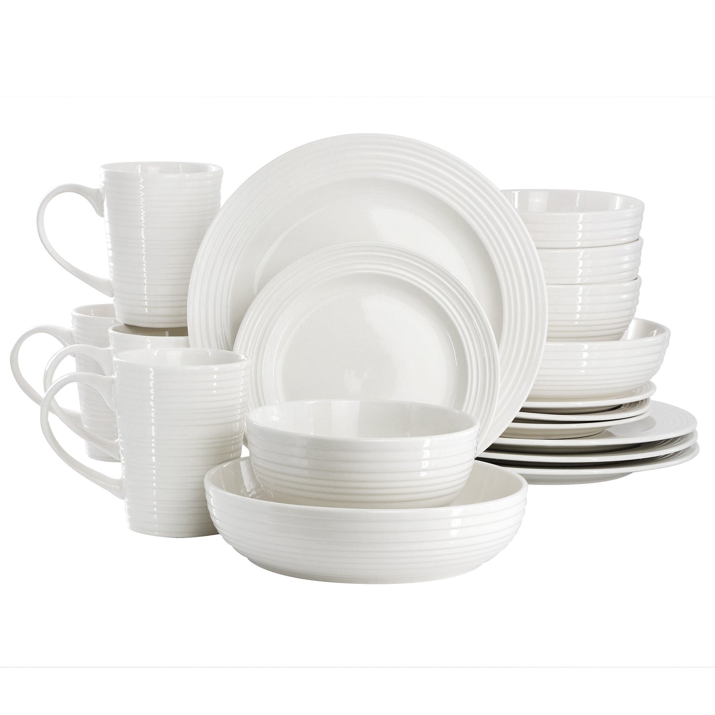 Elama Nikki 18 Piece Ribbed White Porcelain Dinnerware and Serving Bowl Set W2B