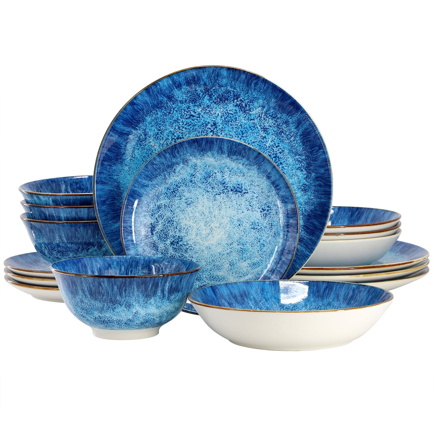 Elama Oceanus 16 Piece Porcelain Double Bowl Dinnerware Set in Blue W2B