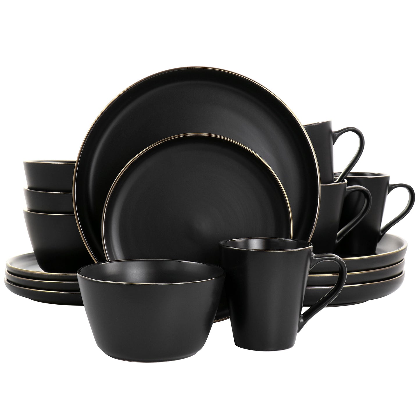 Elama Paul 16 Piece Stoneware Dinnerware Set in Matte Black with Gold Rim W2B