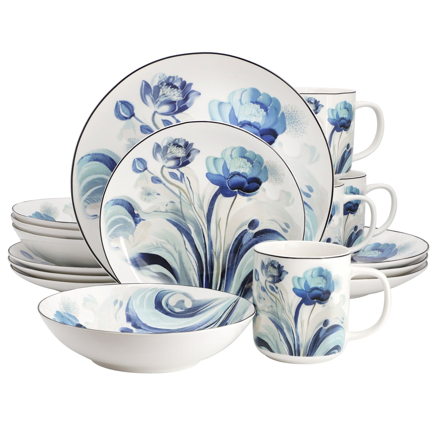 Elama Peony Garden 16 Piece Floral Design Round Porcelain Dinnerware Set in Blue W2B