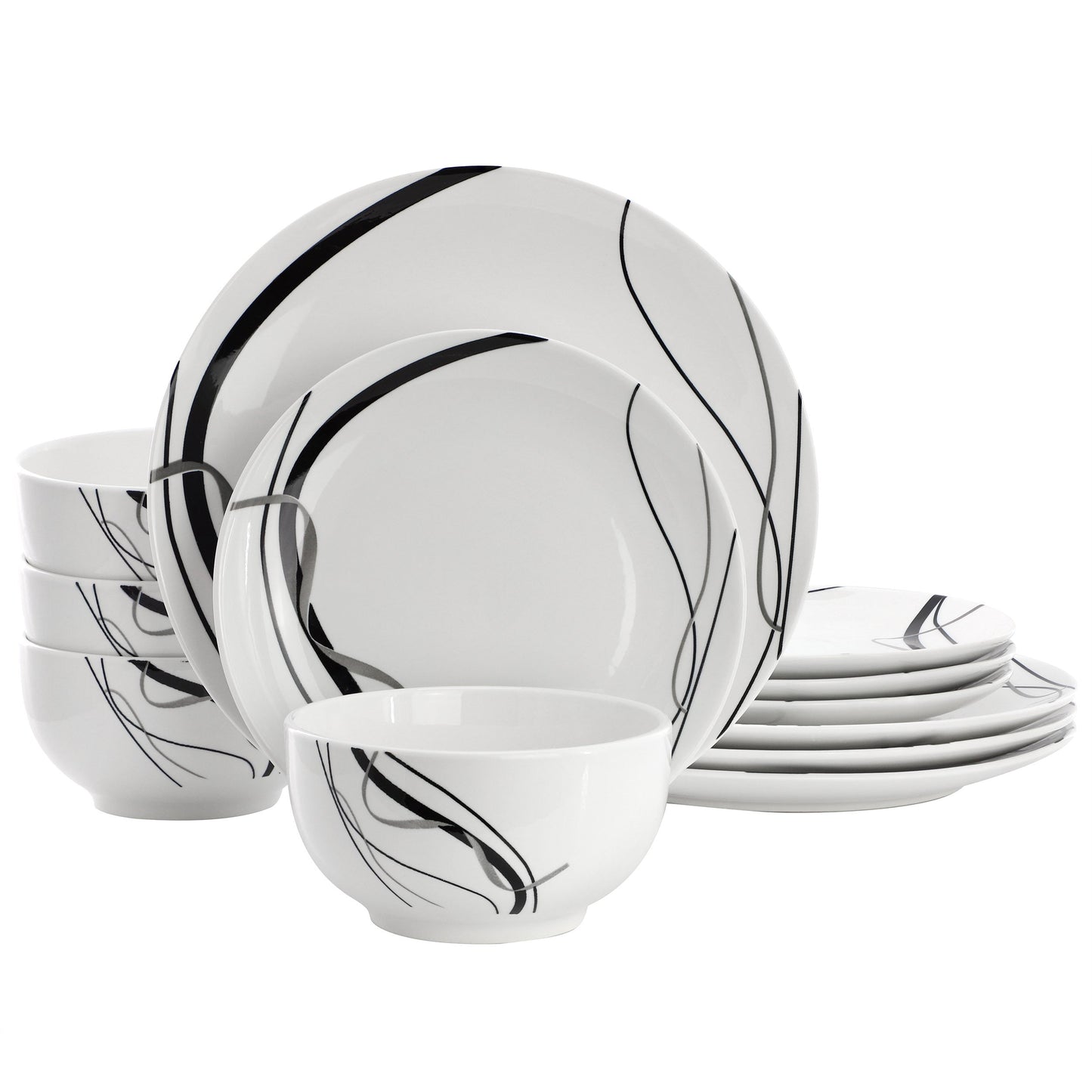 Elama Sarah 12 Piece Porcelain Black Ribbon Dinnerware Set, Service for 4 in White and Black W2B