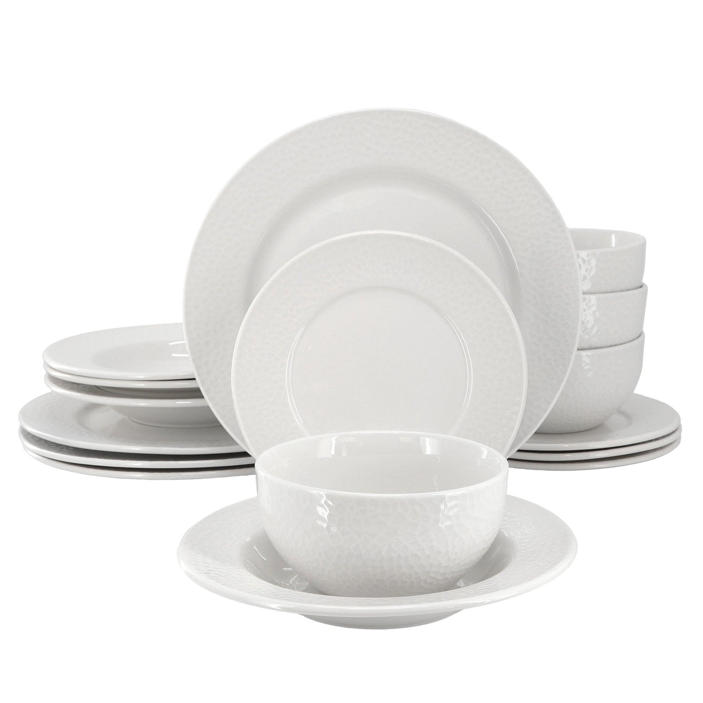 Elama Soyer 16 Piece Textured Design Double Bowl Porcelain Dinnerware Set in White W2B