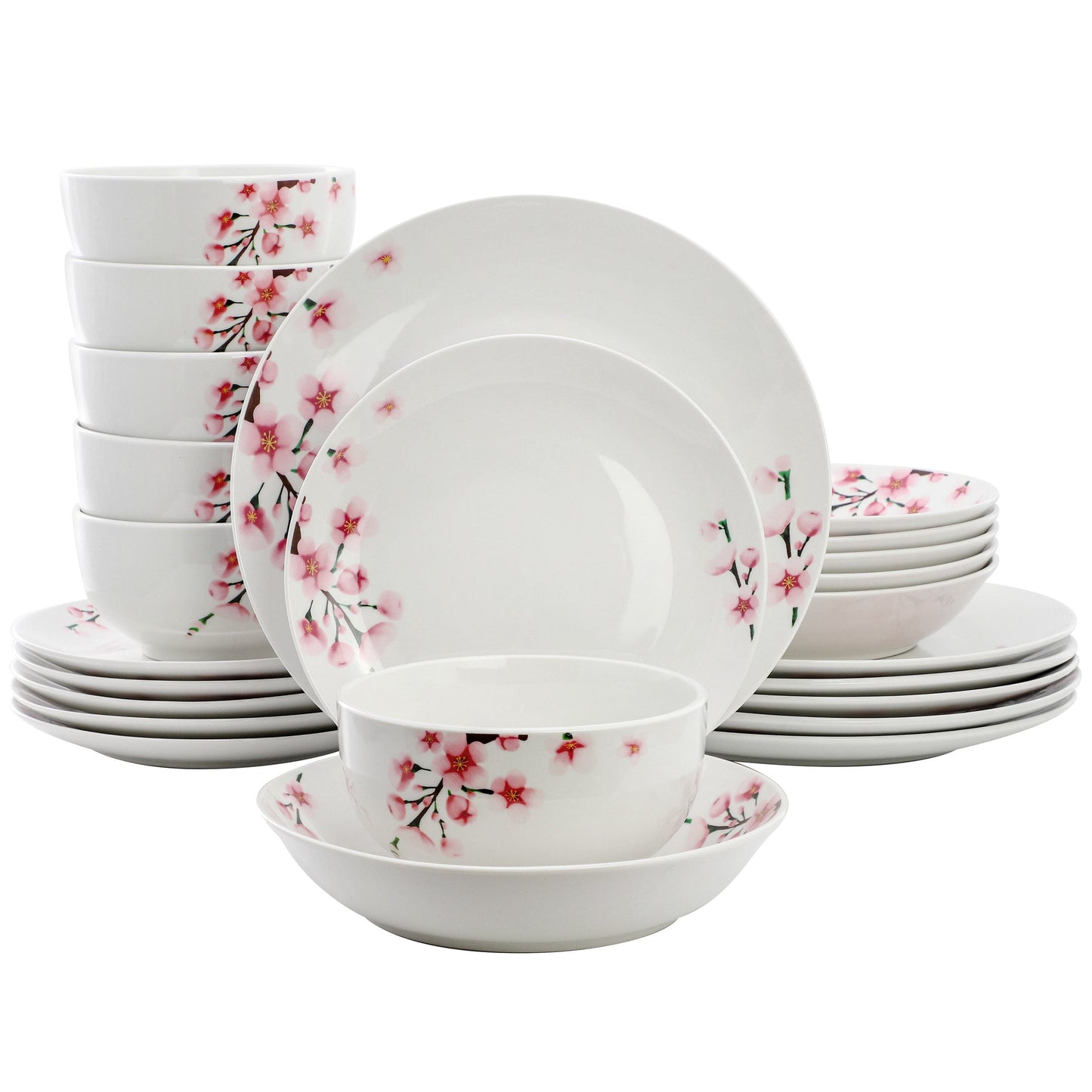 Elama Tamara 24 Piece Cherry Blossom Porcelain Double Bowl Dinnerware Set, Service for 6 in White and Pink W2B