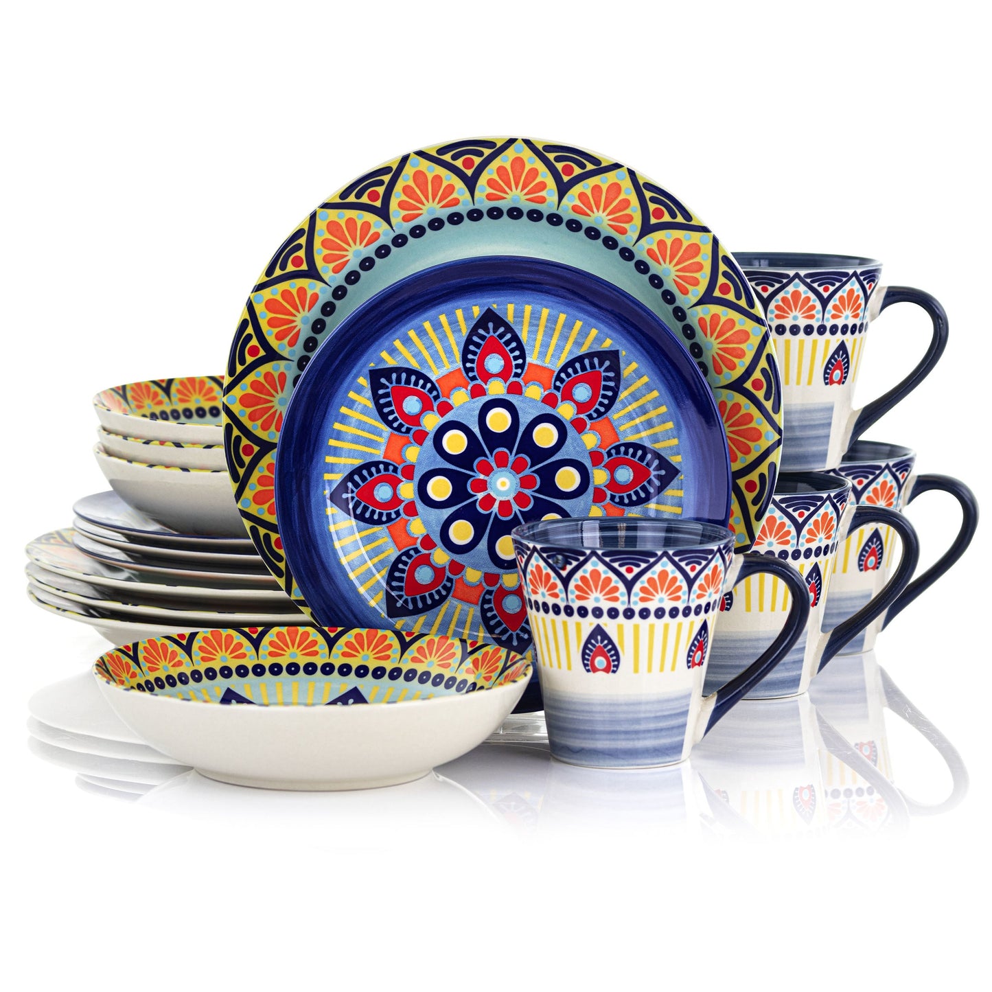 Elama Zen Blue Mozaik 16 Piece Luxurious Stoneware Dinnerware with Complete Setting for 4, 16pc W2B