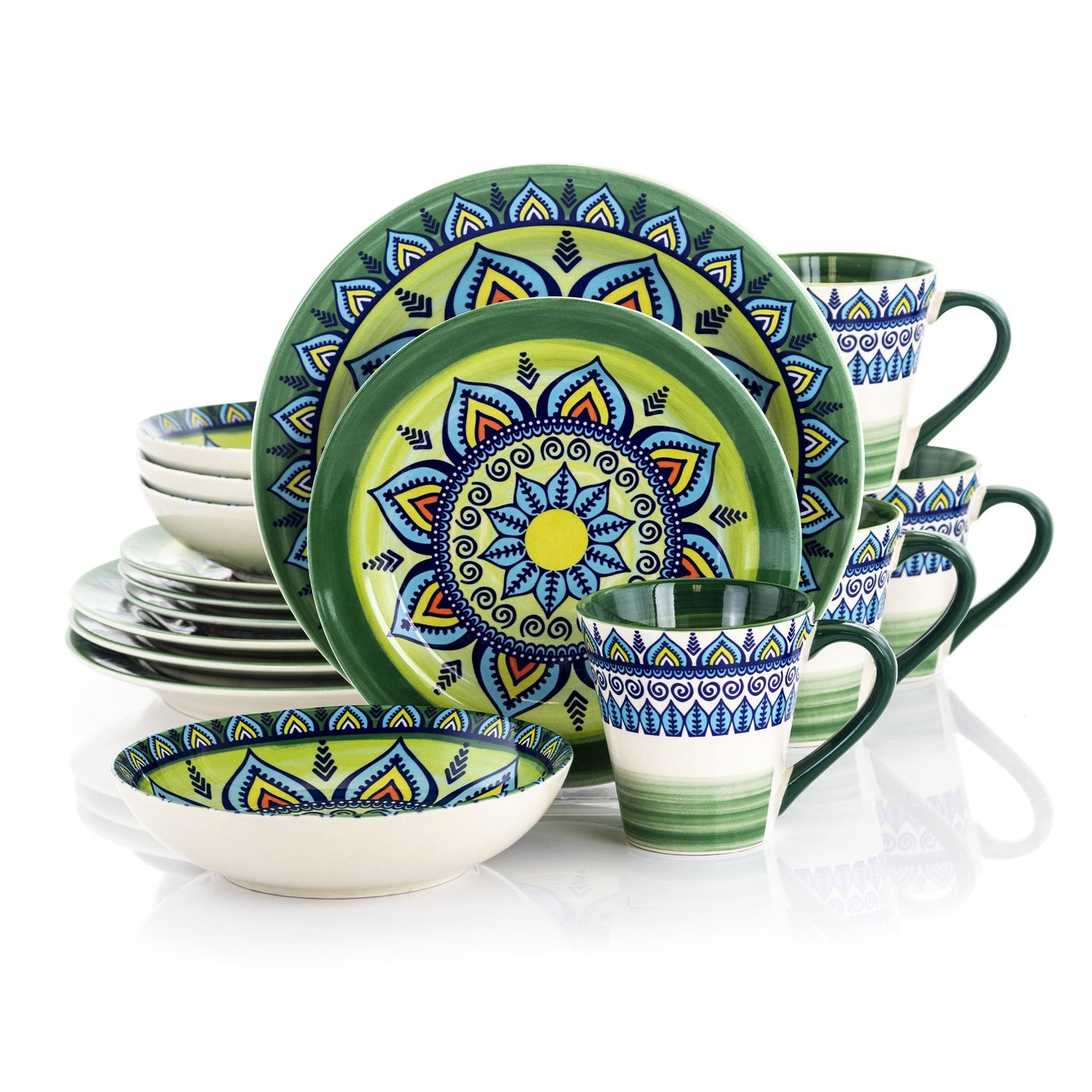Elama Zen Green Mozaik 16 Piece Luxurious Stoneware Dinnerware with Complete Setting for 4, 16pc W2B