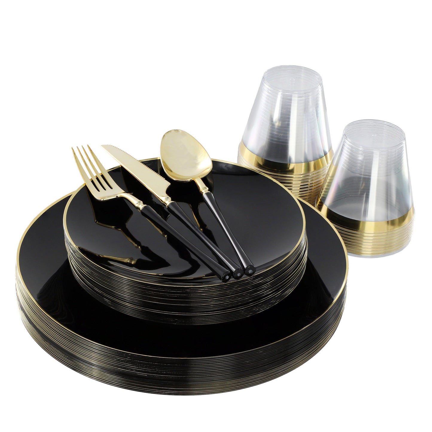 Elama 150 Piece Disposable Plastic Dinnerware Party Set for 25 Guests in Black with Gold Trim W2B