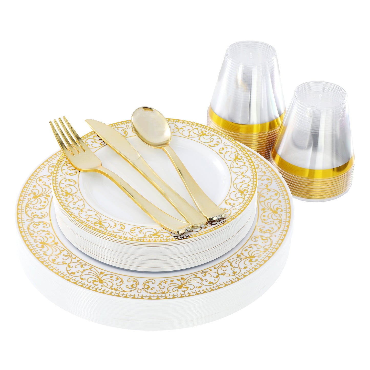 Elama 150 Piece Disposable Plastic Dinnerware Party Set for 25 Guests in White with Gold Decal Trim W2B