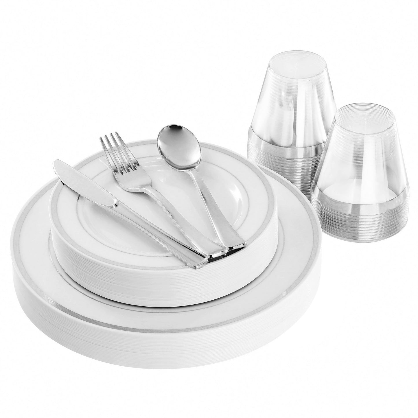 Elama 150 Piece Disposable Plastic Dinnerware Party Set for 25 Guests in White with Silver Trim W2B