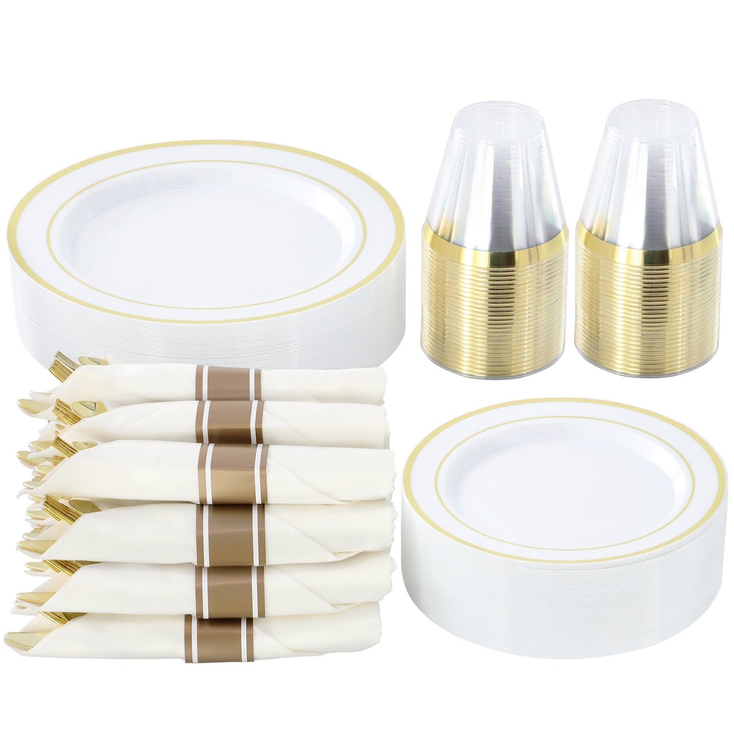Elama 350 Piece Disposable Plastic Dinnerware Party Set for 50 Guests in White with Gold Trim W2B