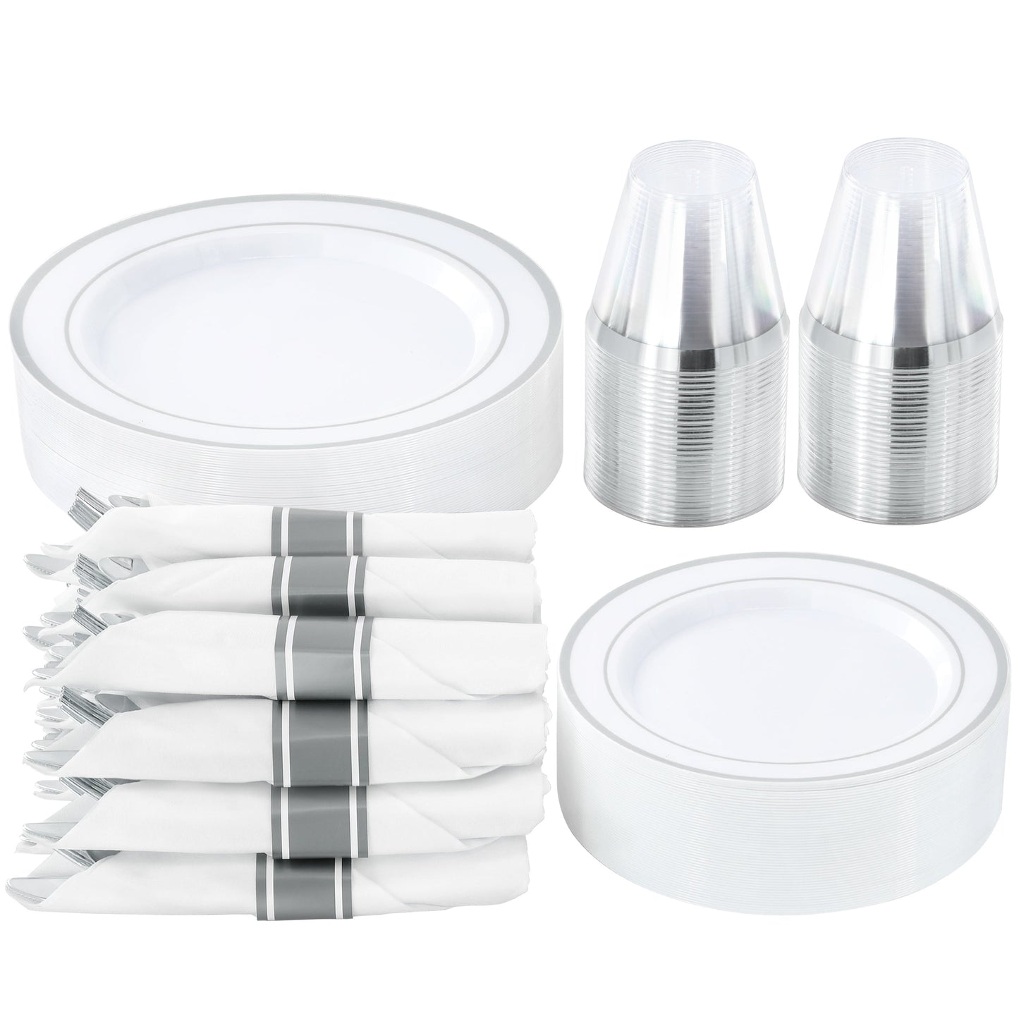 Elama 350 Piece Disposable Plastic Dinnerware Party Set for 50 Guests in White with Silver Trim W2B