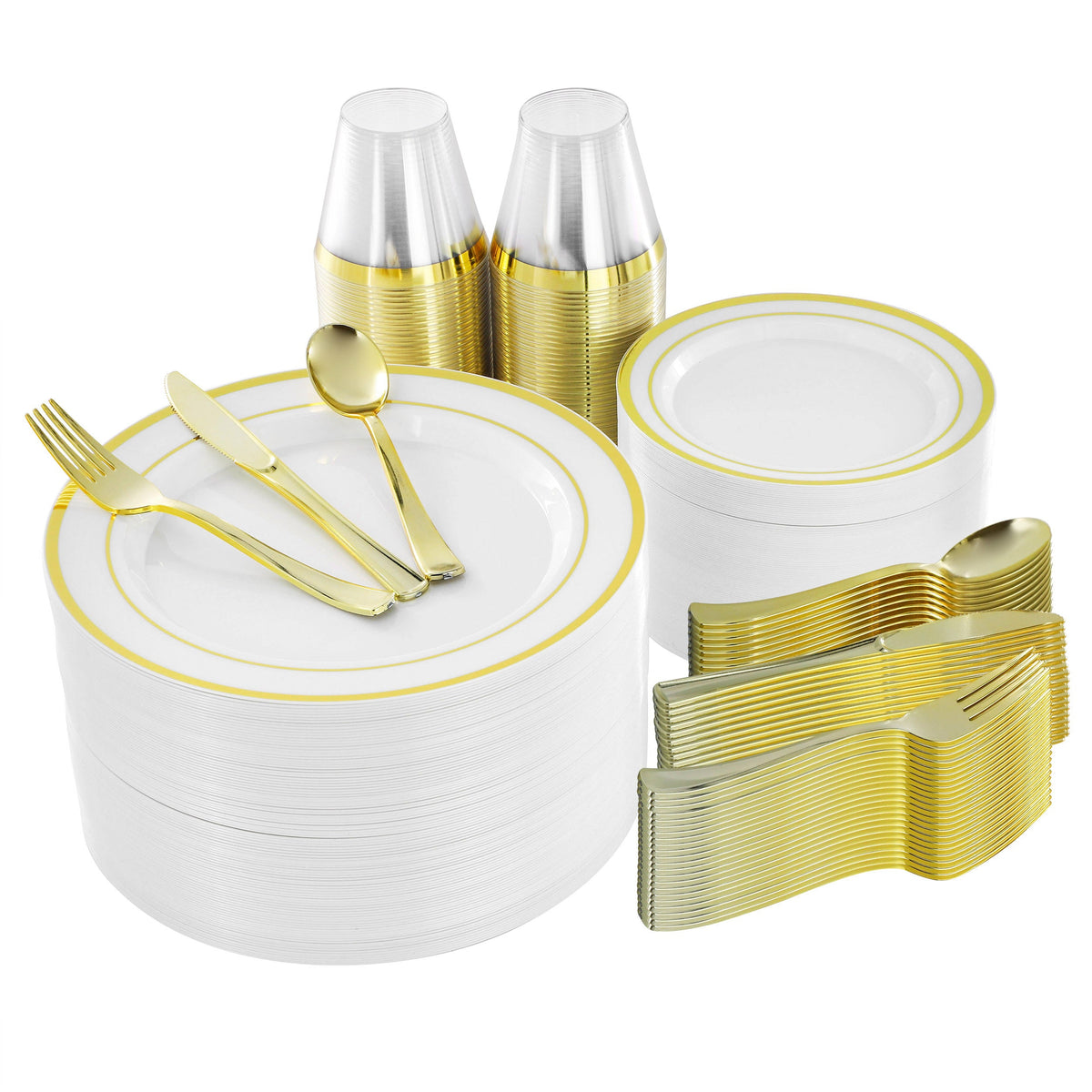 Elama 600 Piece Disposable Plastic Dinnerware Party Set for 100 Guests in White with Gold Trim W2B