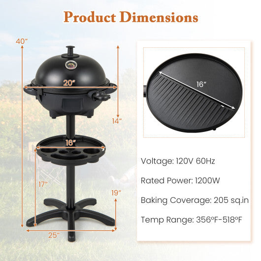 Electric BBQ Grill 1200W Indoor Outdoor Grill with 2-Zone Non-Stick Grilling Plate-Black W2B